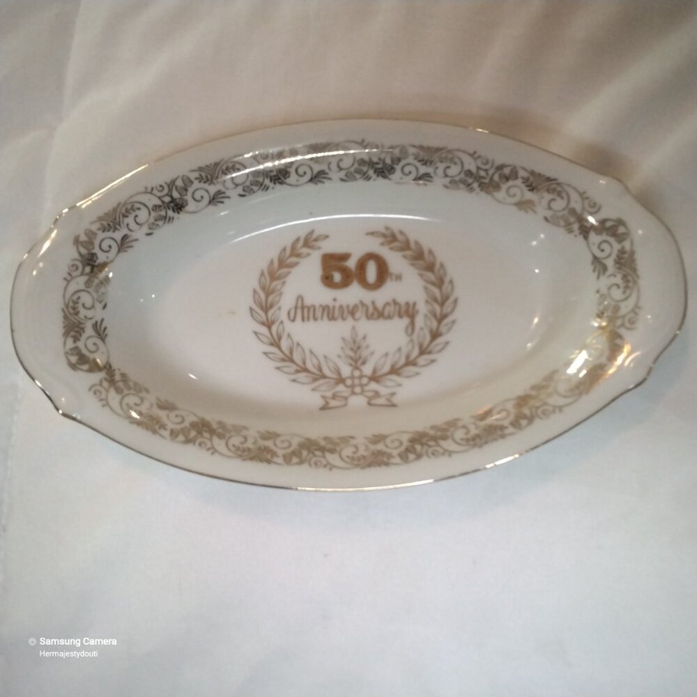 Vintage White Porcelain Gold Trim "50th Anniversary" Floral Dish AN-93 Japan